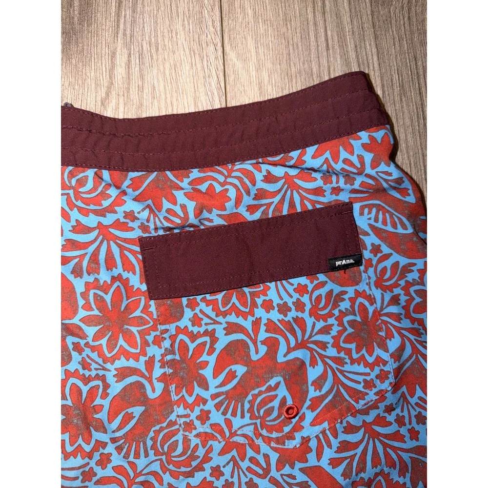 Prana‎ High Seas Board Shorts Mens 36 Red Blue Otomi Bird Floral Swim Trunks H2
